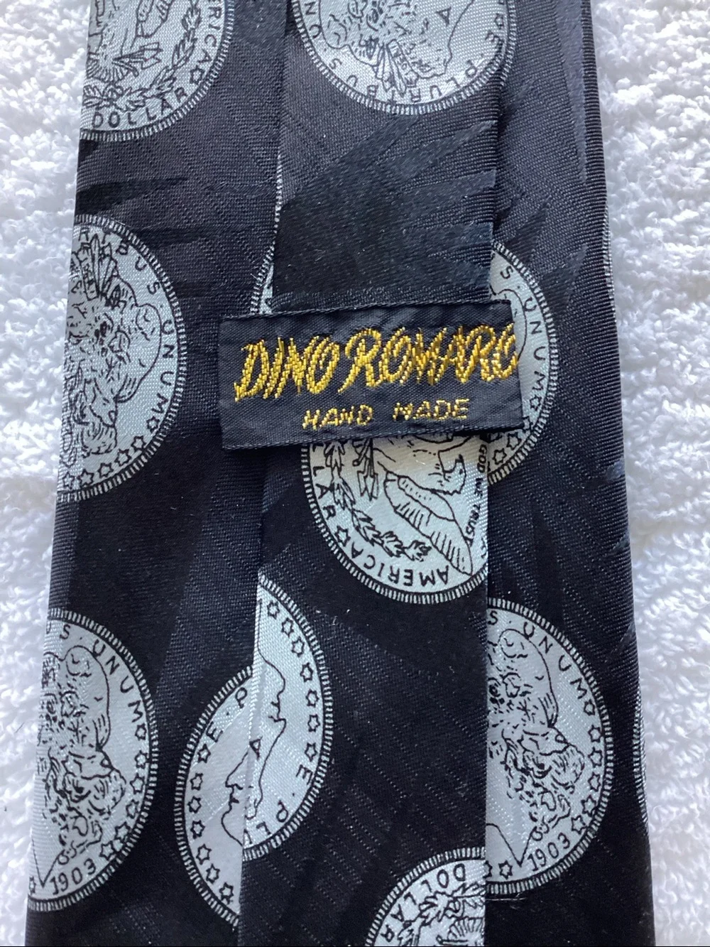 Men's Black Tie with Silver Coin Print and Navy Accent